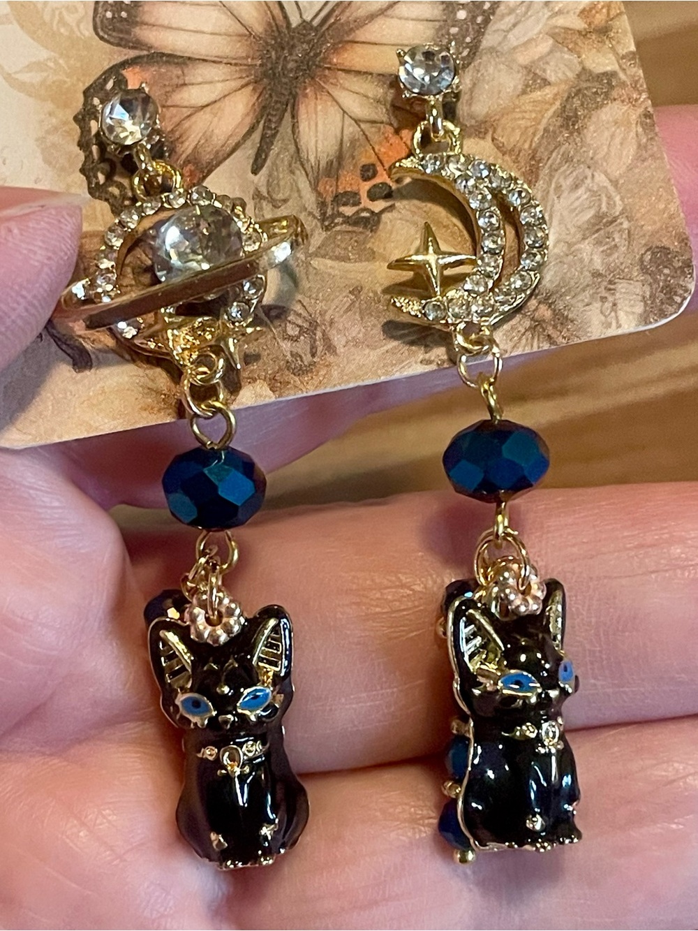 Black Bastet Cat Drop Earrings with Blue Accents